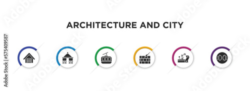 architecture and city filled icons with infographic template. glyph icons such as garage door, gazebo, cabl, foundation, wood plane, parking lights vector.