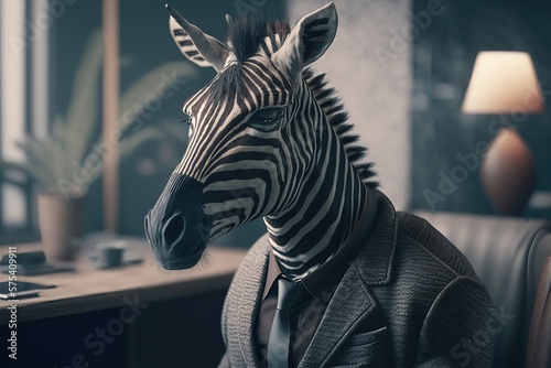 Portrait of a zebra in business suit in the office. Generative AI.