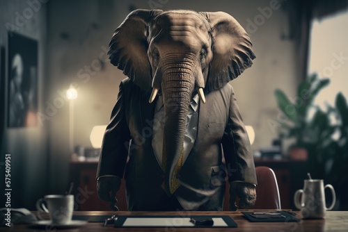 Portrait of an elephant in business suit in the office. Generative AI.