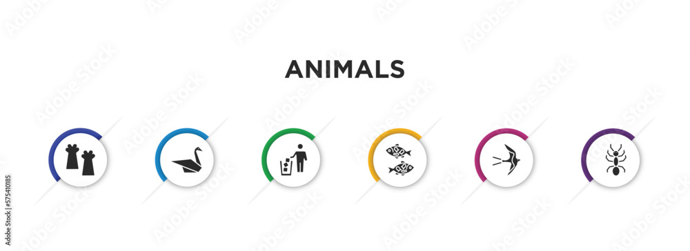 animals filled icons with infographic template. glyph icons such as leg, origami swan, litter, japan koi fish, swallow, ant vector. animals filled icons with infographic template. glyph icons such as leg, origami swan, litter, japan koi fish, swallow, ant vector.