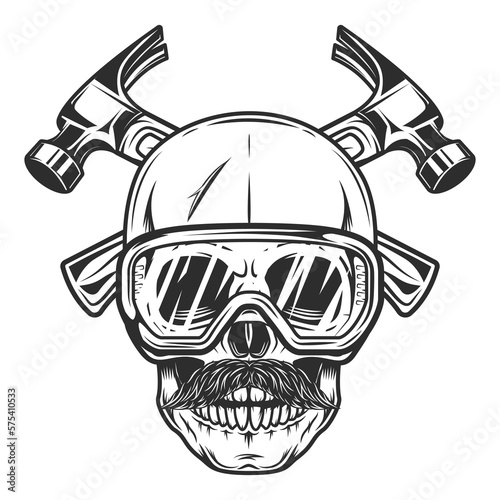 Skull with mustache and safety glasses builder crossed hammers from new construction and remodeling house business in monochrome vintage style illustration