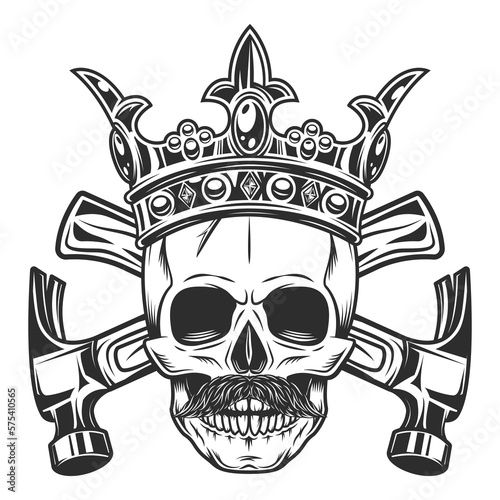 Skull with mustache and royal crown builder crossed hammers from new construction and remodeling house business in monochrome vintage style illustration
