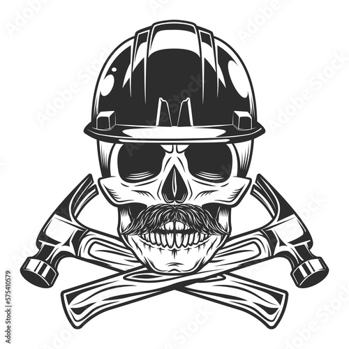Skull with mustache and helmet hard hat builder crossed hammers from new construction and remodeling house business in monochrome vintage style illustration