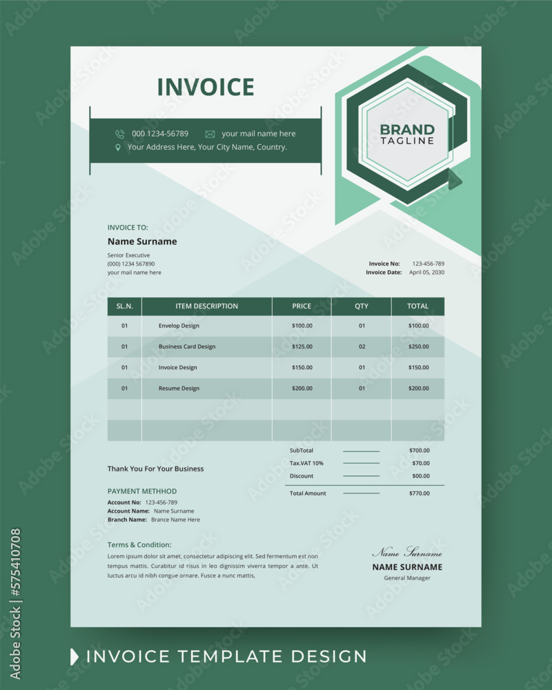Creative and modern business invoice design with price receipt, payment agreement, invoice bill, accounting and bill receipt template layout in vector Creative and modern business invoice design with price receipt, payment agreement, invoice bill, accounting and bill receipt template layout in vector