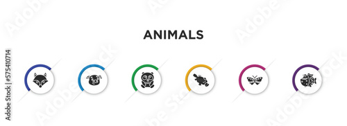 animals filled icons with infographic template. glyph icons such as fox, pig, panda, platypus, butterfly with wings, piranha vector.