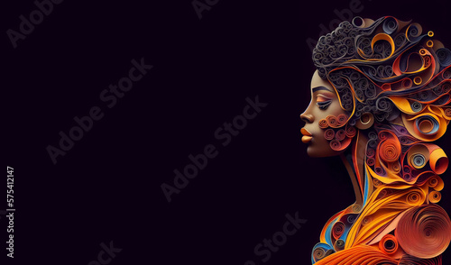 Abstract young woman in quilling art technique. Banner with copy space. Generative AI.