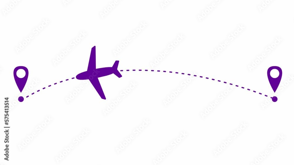 Animated violet the plane flies along a trajectory. Concept of airplane travel. Airplane flies from one place to another. Looped video. Vector illustration isolated on a white background.