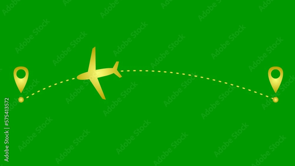 Animated golden the plane flies along a trajectory. Concept of airplane travel. Airplane flies from one place to another. Looped video. Vector illustration isolated on a green background. Animated golden the plane flies along a trajectory. Concept of airplane travel. Airplane flies from one place to another. Looped video. Vector illustration isolated on a green background.
