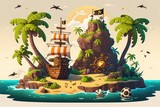 Cartoon of a tropical island with pirates. Cartoon seascape with a pirate ship sailing the high seas and a treasure chest stuffed with gold sitting on a rocky island in the background, setting the sta