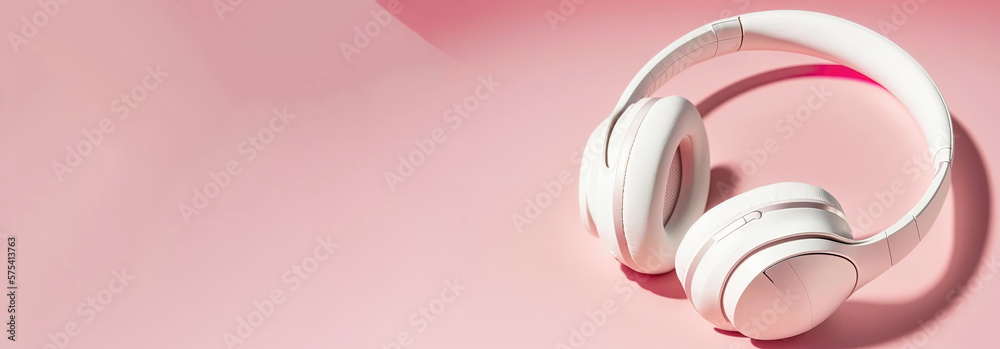 White headphones, pastel pink background, copyspace for text - blank space, banner, music concept, digital ai