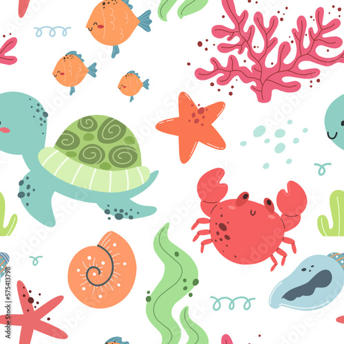 Seamless pattern with marine life. Sea and ocean, flora and fauna. Vector.