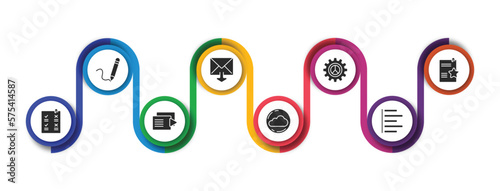 user interface filled icons with infographic template. glyph icons such as pen writing a line, mail inbox, user ting interface, documents with a star, confirmity, play files, , justified vector.