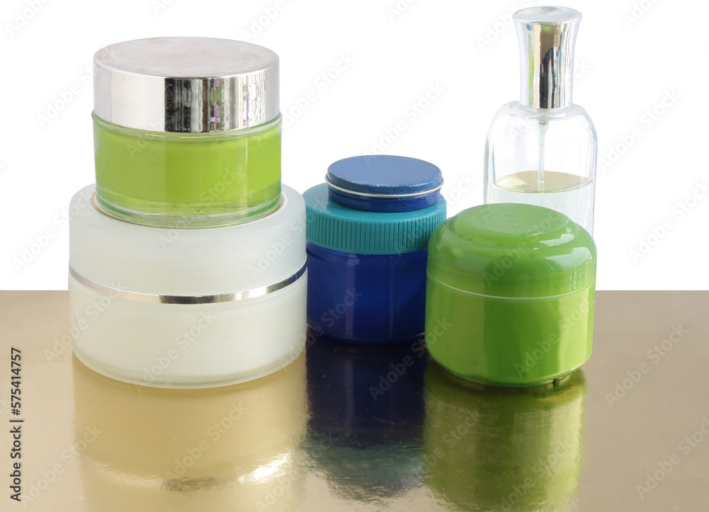 various healthy cosmetics and fluids for body care close up