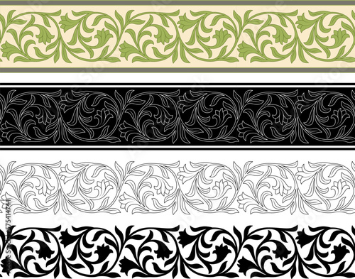 Decorative seamless floral border, classic art. Black and colored, stencil. Pattern brushes included.