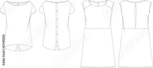 Woman dresses, shirts and tunics technical drawing, template, sketch, flat, mock up. Jersey or woven fabric dress front view, white color
