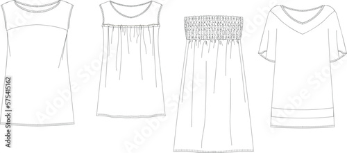 Woman dresses, shirts and tunics technical drawing, template, sketch, flat, mock up. Jersey or woven fabric dress front view, white color
