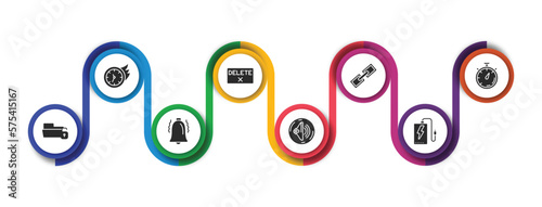 user interface filled icons with infographic template. glyph icons such as past, delete button, link button, stopwatches, unlock folder, alarm button, round volume power bank vector.