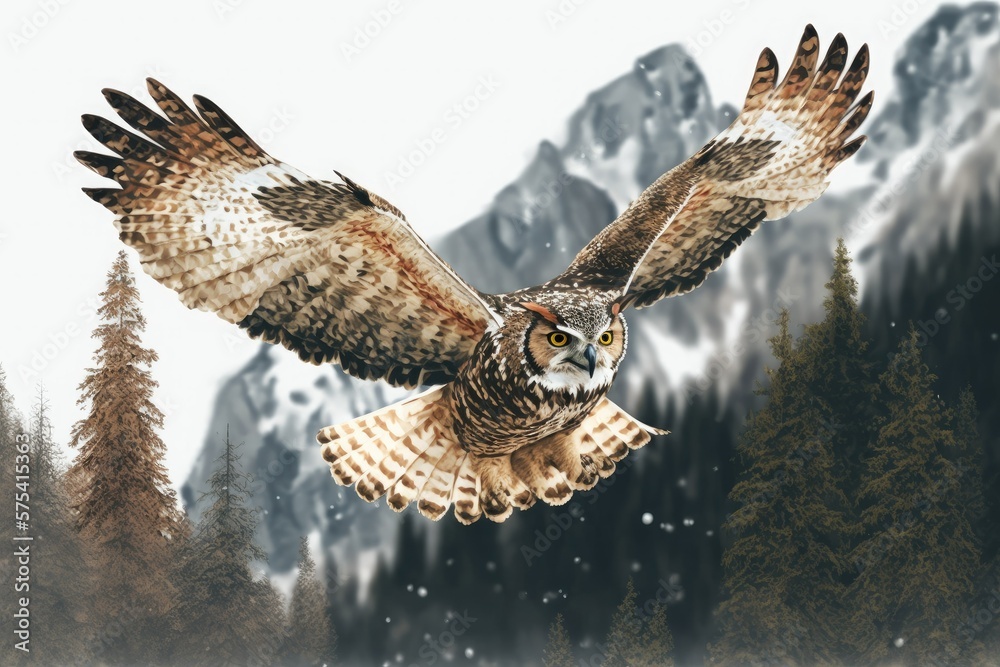 Fototapeta premium A Eurasian eagle owl soars above the trees in the low Tatra Mountains. Generative AI