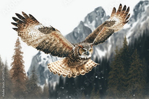 A Eurasian eagle owl soars above the trees in the low Tatra Mountains. Generative AI