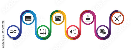 user interface filled icons with infographic template. glyph icons such as left side alignment, ribbon from a book, conference hall, superscript, crossed arrows, abc item chart, sound on, tings