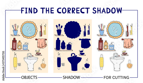 Find correct shadows. Vector Bathroom elements and personal hygiene items Worksheet development baby