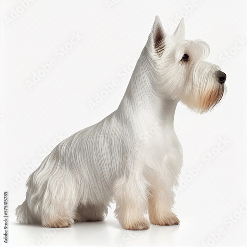 White cute nice dog breed scotch terrier dog isolated on white close-up, rare white color, beautiful pet, fluffy dog