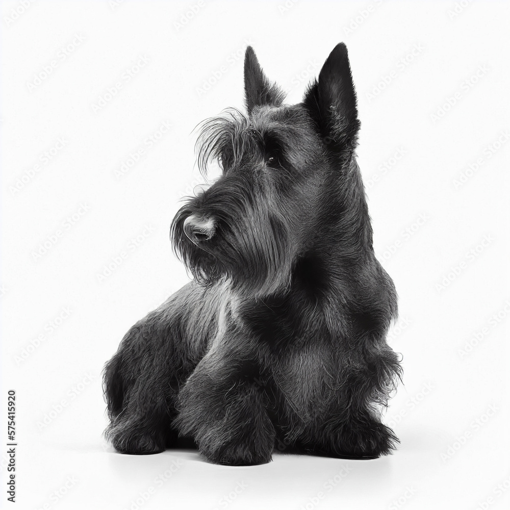 Black cute nice dog breed scotch terrier dog isolated on white close-up, beautiful pet, fluffy dog