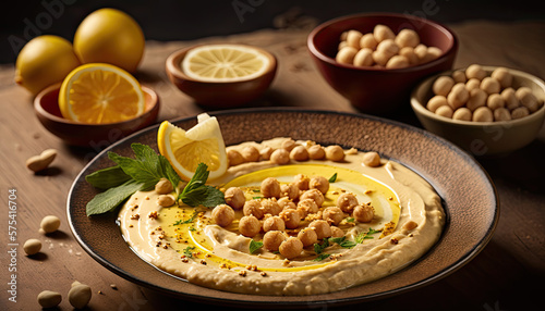 Traditional hummus with fresh bread and vegetables on a rustic table. Generative AI