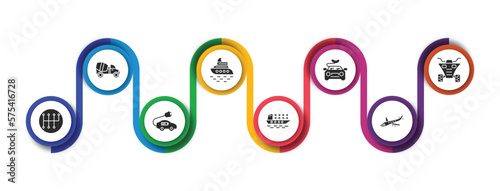transportation filled icons with infographic template. glyph icons such as cement truck, yacht, hybrid car, quad, gear box, electro car, cargo ship, jumbo jet vector.