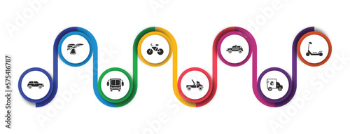 transportation filled icons with infographic template. glyph icons such as hang glider, bicycle, taxi, scooter, car, bus, tow truck, cargo truck vector.
