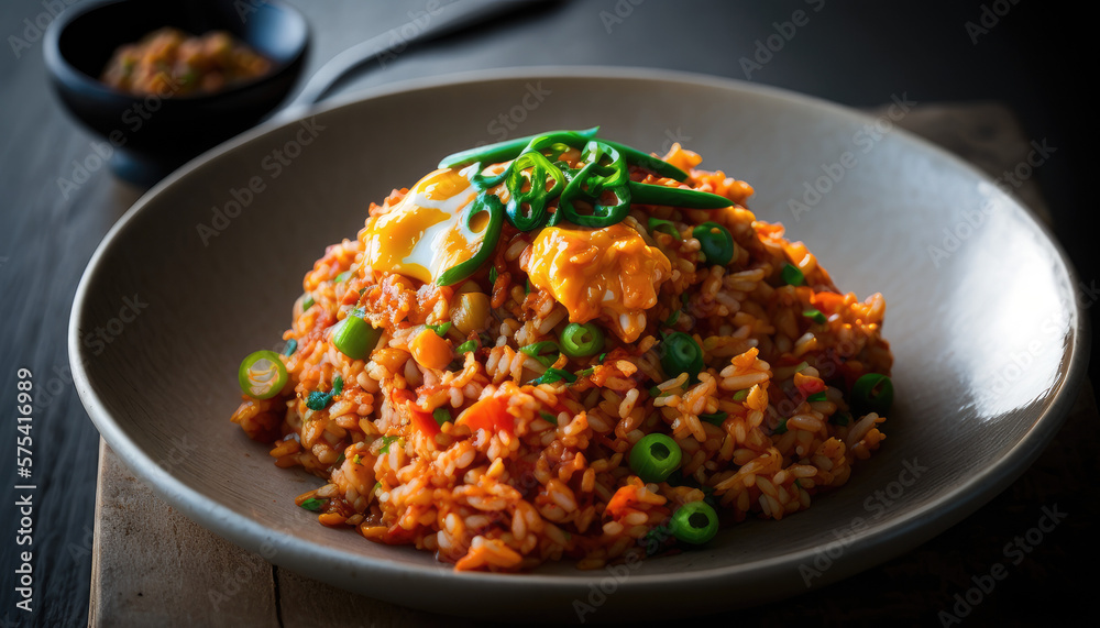 Fermented Kimchi and Rice with Meat and Fried Chicken on a Plate. Generative AI Fermented Kimchi and Rice with Meat and Fried Chicken on a Plate. Generative AI