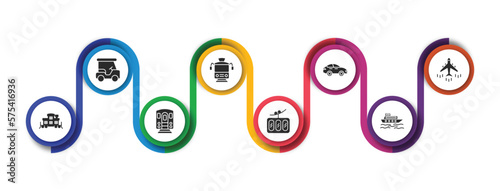 transportation filled icons with infographic template. glyph icons such as golf cart, tram front view, sedan, airliner, caboose, , funicular railway, ferry boat vector.