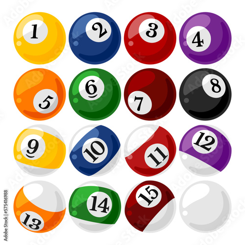 Pool or American billiards balls collection. Snooker color balls with numbers and zero ball. Isolated on white background. Billiards icon set. Vector illustration