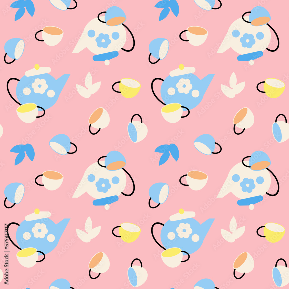 Vector seamless pattern with cups, teapots, tea leaves in doodle style. Good for kitchen textile, decoration, towel printing, wrapping paper Vector seamless pattern with cups, teapots, tea leaves in doodle style. Good for kitchen textile, decoration, towel printing, wrapping paper