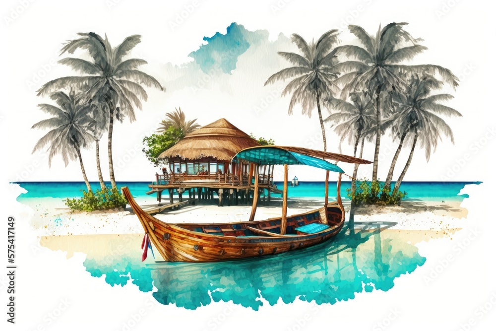 Creative beach architecture in the Maldives. Image of a traditional Maldivian dhoni boat in a picture perfect lagoon. The hotel's view was like something out of a tropical paradise. White sand beach w