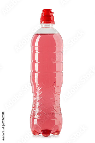 Red drink in a closed plastic bottle. Isolated on a white background.