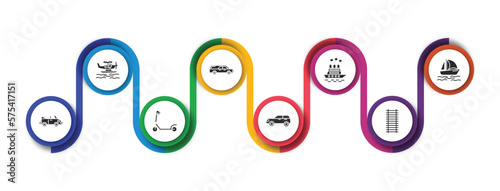 transportation filled icons with infographic template. glyph icons such as hydroplane, hearse, icebreaker ship, catamaran, cabriolet, micro scooter, suv, railway line vector.