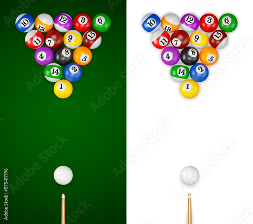 Pool or American billiards balls with numbers on the green table, ready to game. Snooker color balls arranged in a triangle, with zero ball and cue, top view. Vector 3d realistic illustration