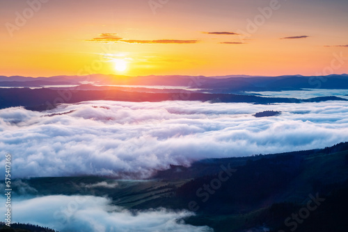 Magical thick fog covers the mountains in the rays of morning light. Carpathian mountains  Ukraine.
