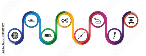 transport filled icons with infographic template. glyph icons such as yacht navigate, bicycle rental, way, lifter, alloy wheel, road sweeper, flights, shock breaker vector.