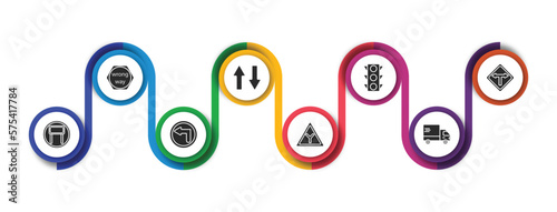 traffic signs filled icons with infographic template. glyph icons such as wrong way, way road, traffic lights, t junction, tall, turn left, y intersection, truck vector.