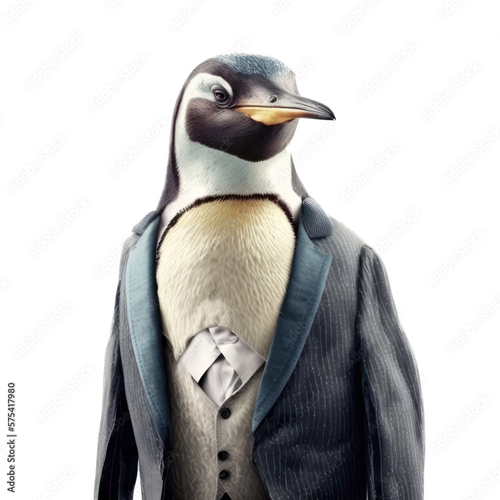 Naklejka premium Portrait of a penguin dressed in a formal business suit on white background, transparent png, generative ai