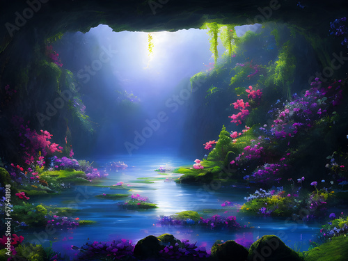 Fantasy fairy tale cave with flowers and lake. Generative AI.