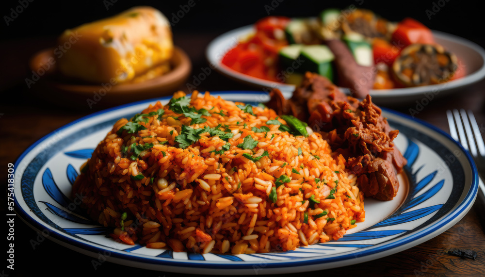 Jollof rice with West African dishes. Generative AI Jollof rice with West African dishes. Generative AI