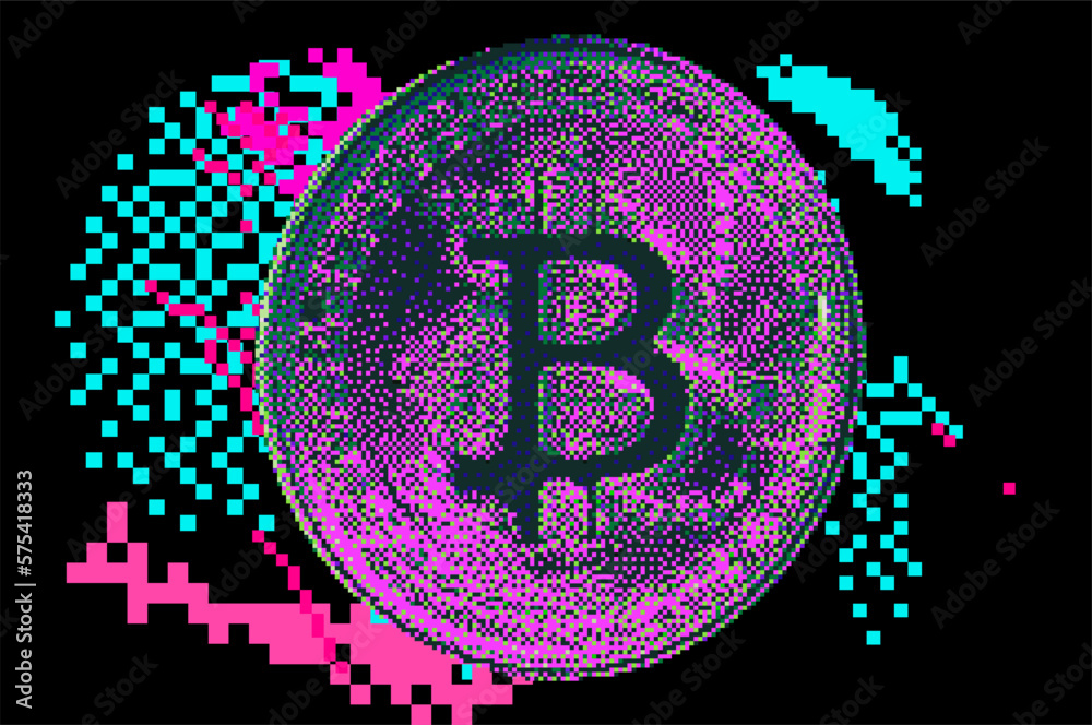 Fototapeta premium Pixel art of a 3D bitcoin currency on a glitched background background.