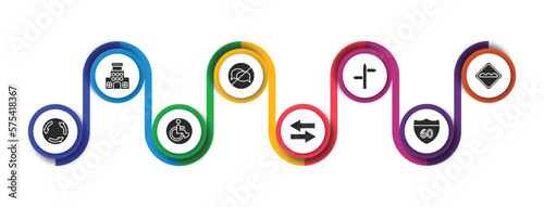 traffic signs filled icons with infographic template. glyph icons such as police station, no chatting, road, bump, roundabout, handicap, two ways, highway vector.