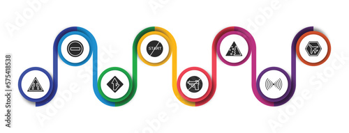 traffic signs filled icons with infographic template. glyph icons such as prohibited way, no straight, falling rocks, airport, narrow road, merging, no weapons, vector.