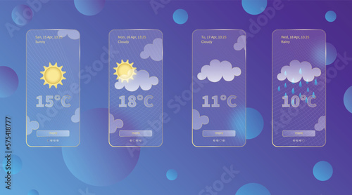 Set of 3d glassmorphism weather forecast app template Interface design kit. Day meteo icons on dark blue gradient background Season collections smartphone glass morphism screen Vector illustrations