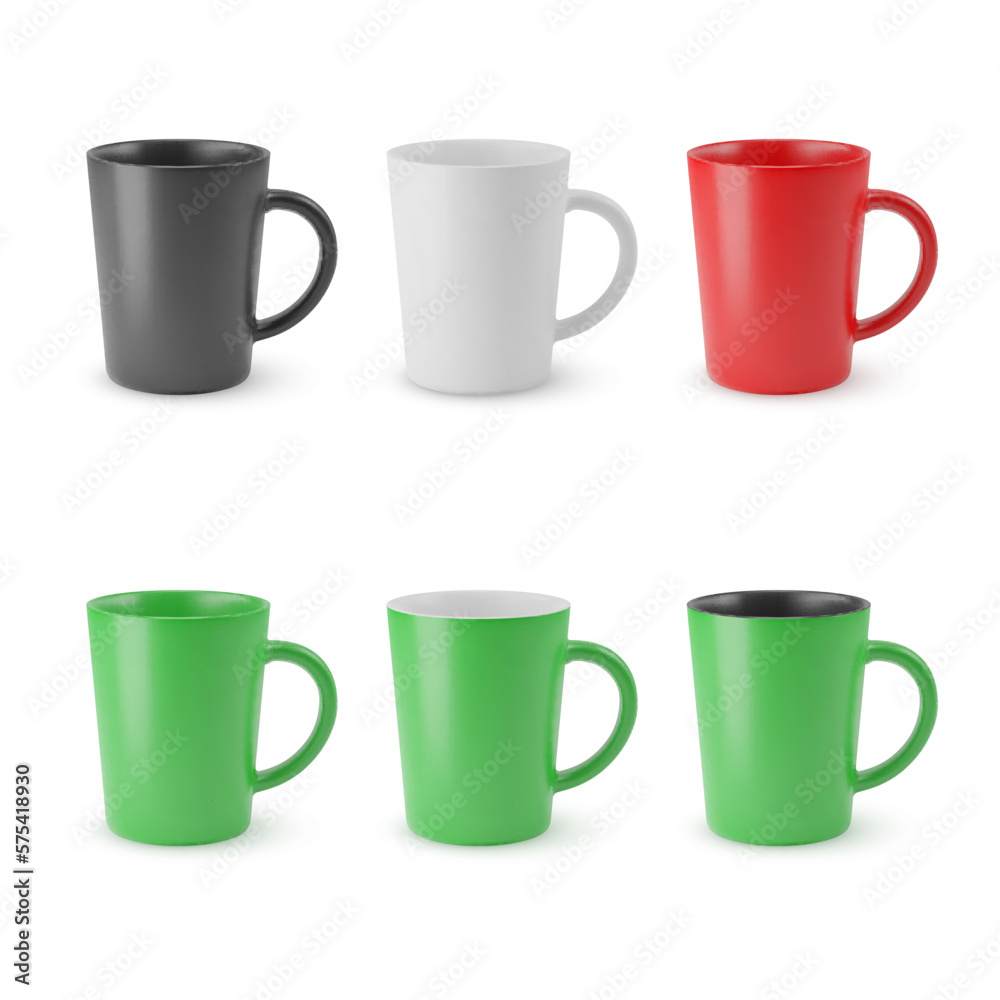 Illustration of Six Realistic Empty Ceramic Coffee Cup or Tea Mug. Mockup with Shadow Effect, for Web Design, and Printing on a White Backdrop