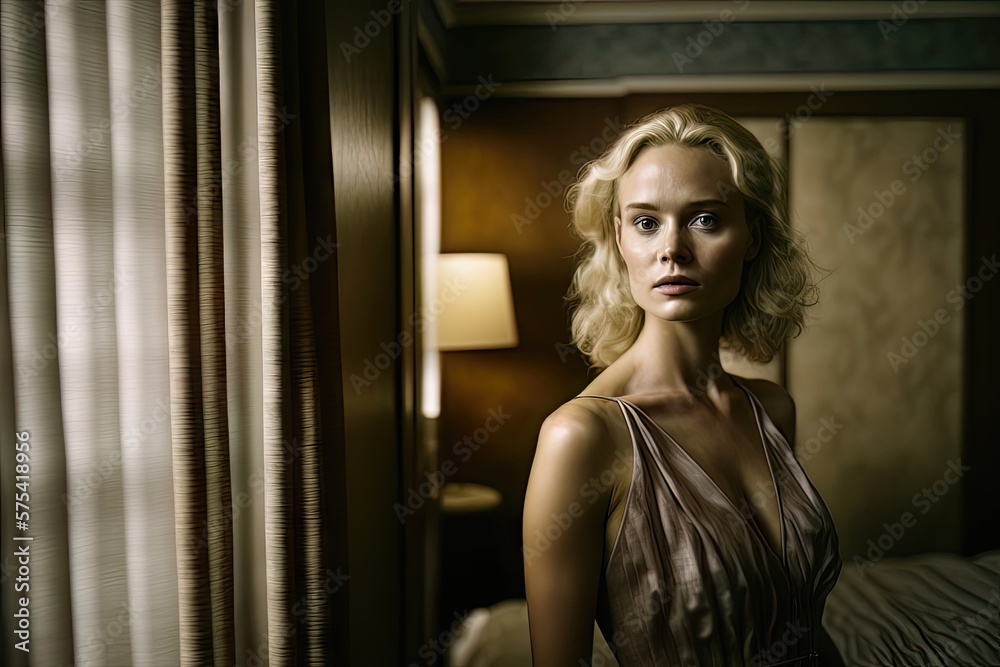 Naklejka premium AI generated portrait of young woman in bedroom or hotel room 